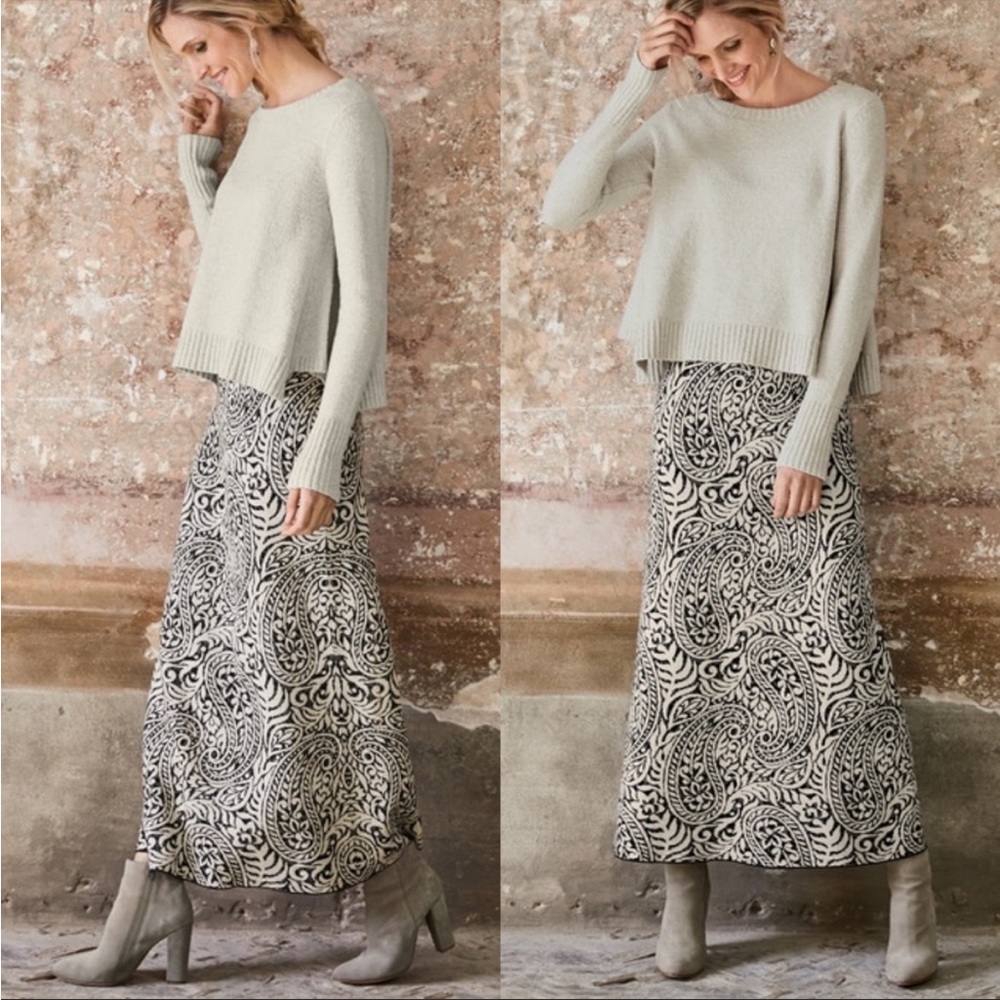 Peruvian Connection Paisley Maxi Skirt Pima Cotton Cream Charcoal L NWOT